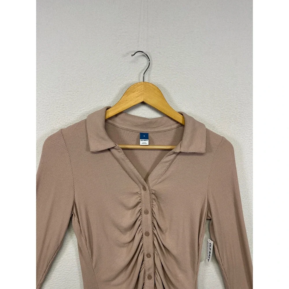 Old Navy Coquette Ribbed Ruched NWT Womens Sm Mauve Long Sleeve Button Polo Top